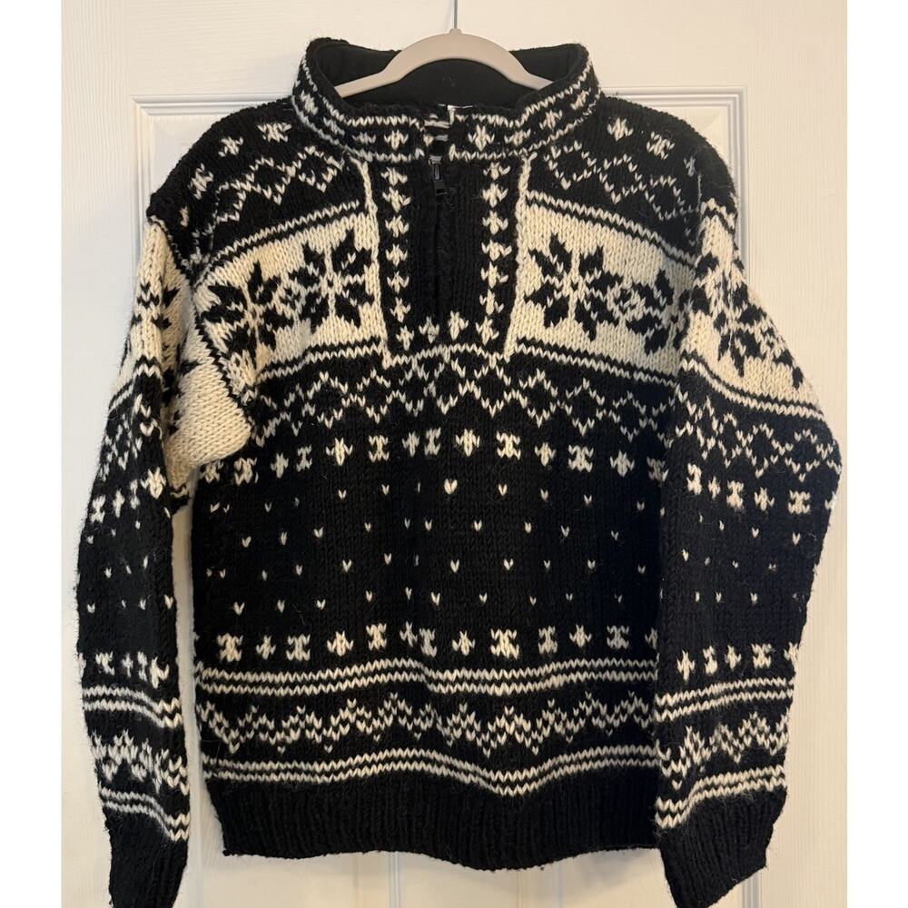 VTG 100% Wool Sweater XS Nepal 1/4 Zip Snowflakes Thick Fisherman Cozycore Cabin